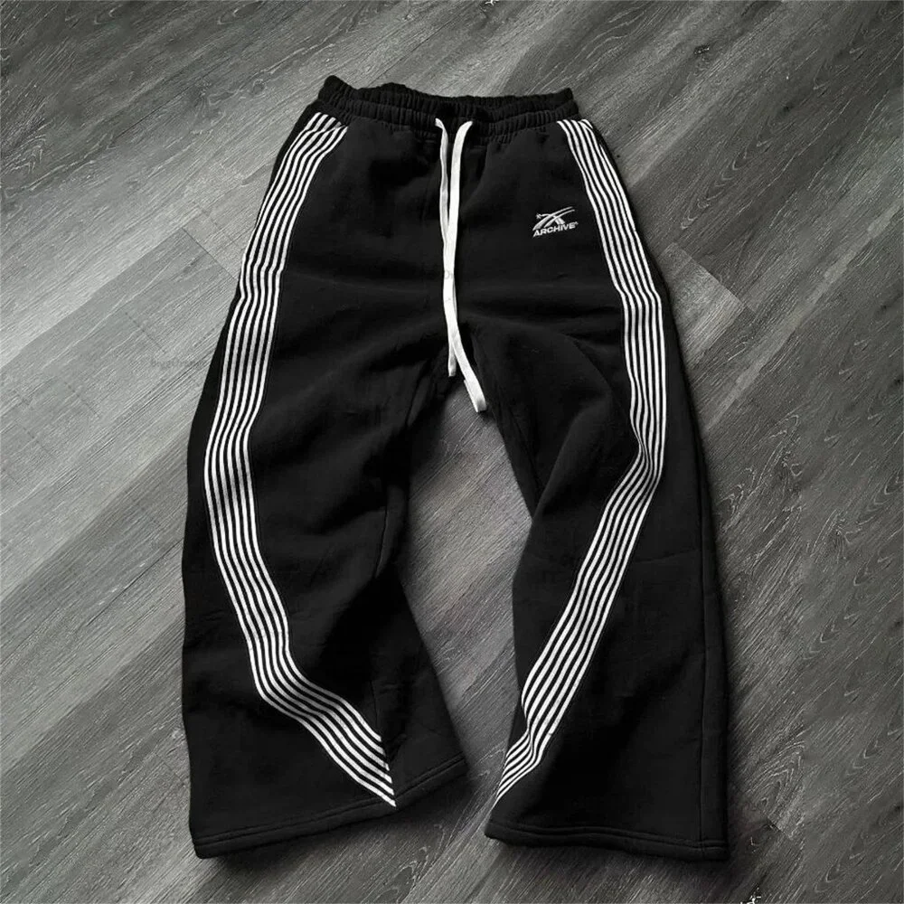 Y2K Black pants vintage Harajuku double Embroidered waist Sweatpants Men Hip Hop - Picture 1 of 3